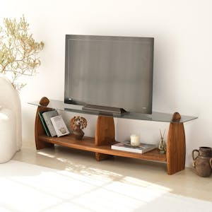 Meuble TV bois brun et verre fumé - 2 niches, vintage ANZIO